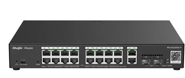 Ruijie 20-Port Gigabit Smart POE Switch, 16 PoE/POE+ Ports with 2 Gigabit RJ45/2 SFP uplink ports, 250W PoE power budget, Desktop Steel Case