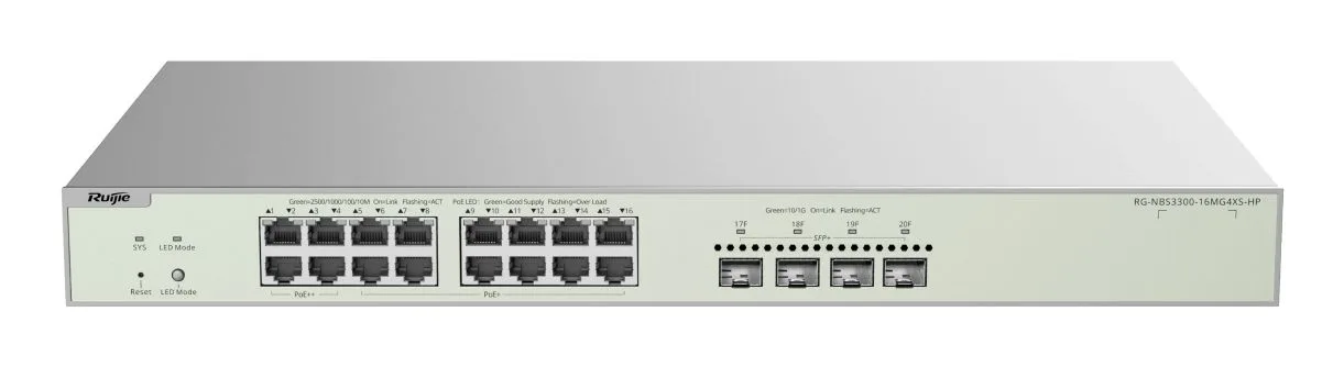 Ruijie RG-NBS3300-16MG4XS-HP, 16-Port Muti-Gigabit Layer 2 Managed Switch with 4 x PoE++ Ports, 12 x PoE+ Ports, and 4 x SFP+ Uplink Ports