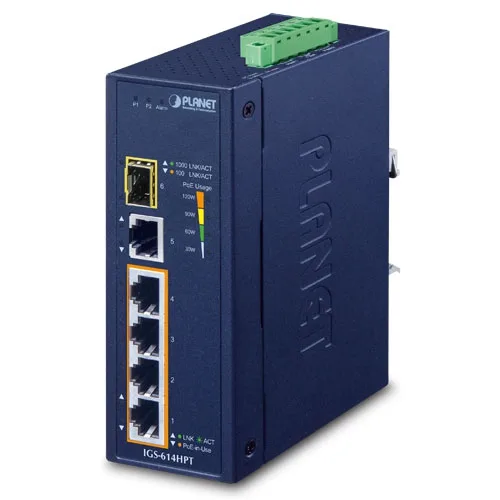 Planet Industrial Gigabit PoE Switch DIN-Rail/Wall Mount 10/100/1000Mbps 4 Port 1xGigabit/1x SFP
