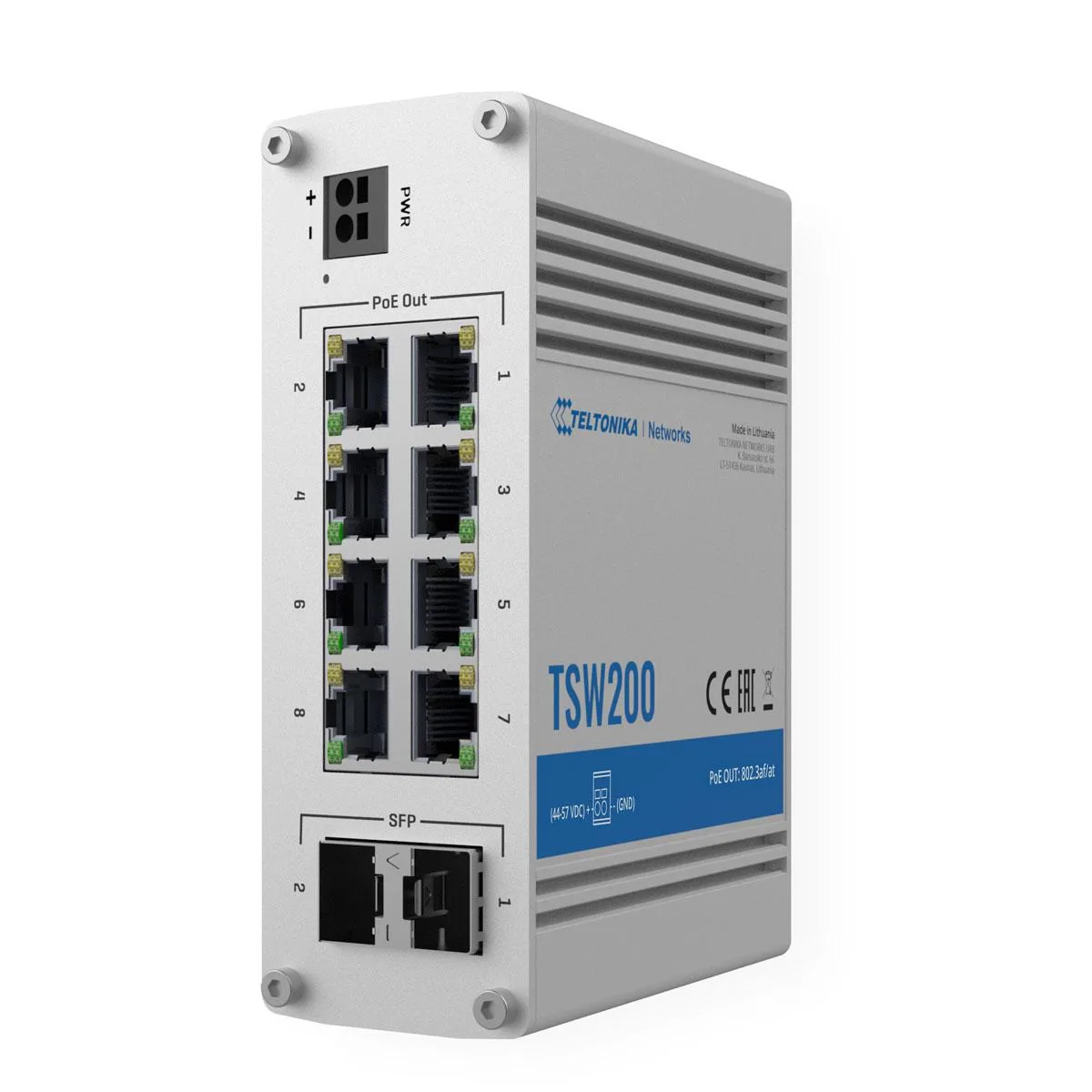 TELTONIKA 8 x LAN ports, 10/100/1000 Mbps,Compliance with IEEE 802.3, IEEE 802.3u, 802.3az standards, Supports auto MDI/MDIX crossover,2 x SFP ports